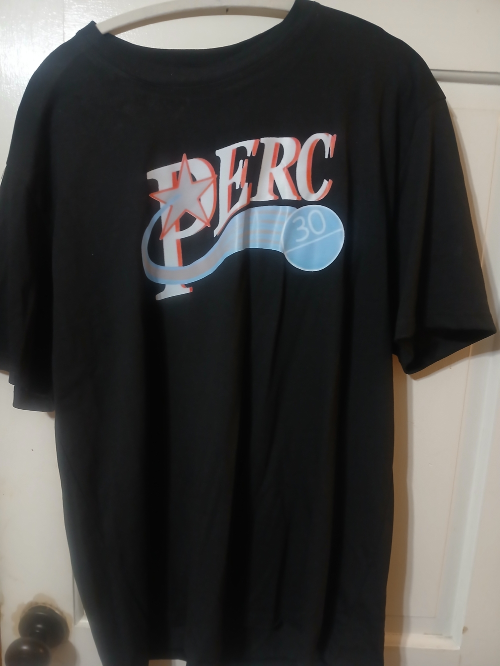 Black Graphic Tee with Red & Light Blue 'PERC' Logo